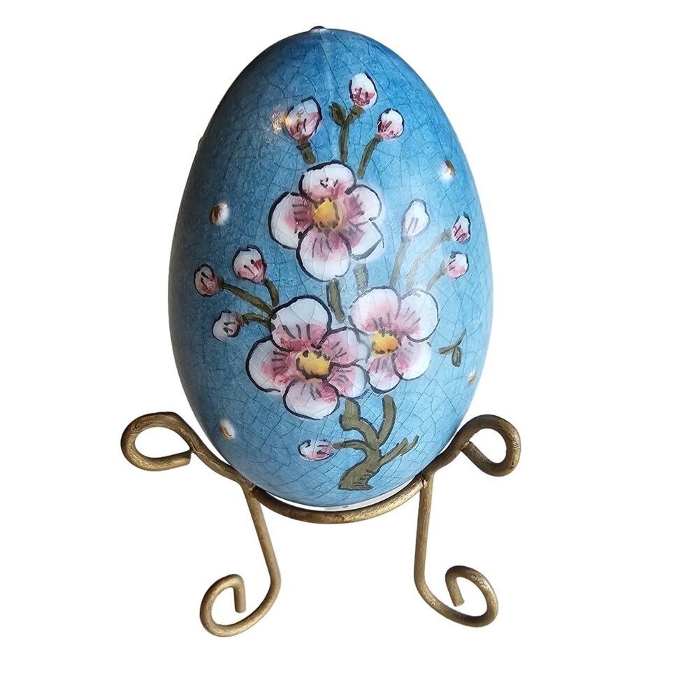 Vintage 1976 Italian Veneto Flair Floral Cherry Blossom Easter Egg with Stand
